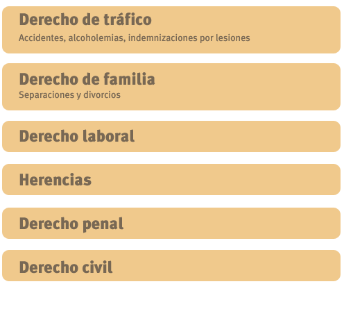 Listado de servicios: derecho de trafico, derecho de familia, derecho laboral, herencias, derecho penal, derecho civil